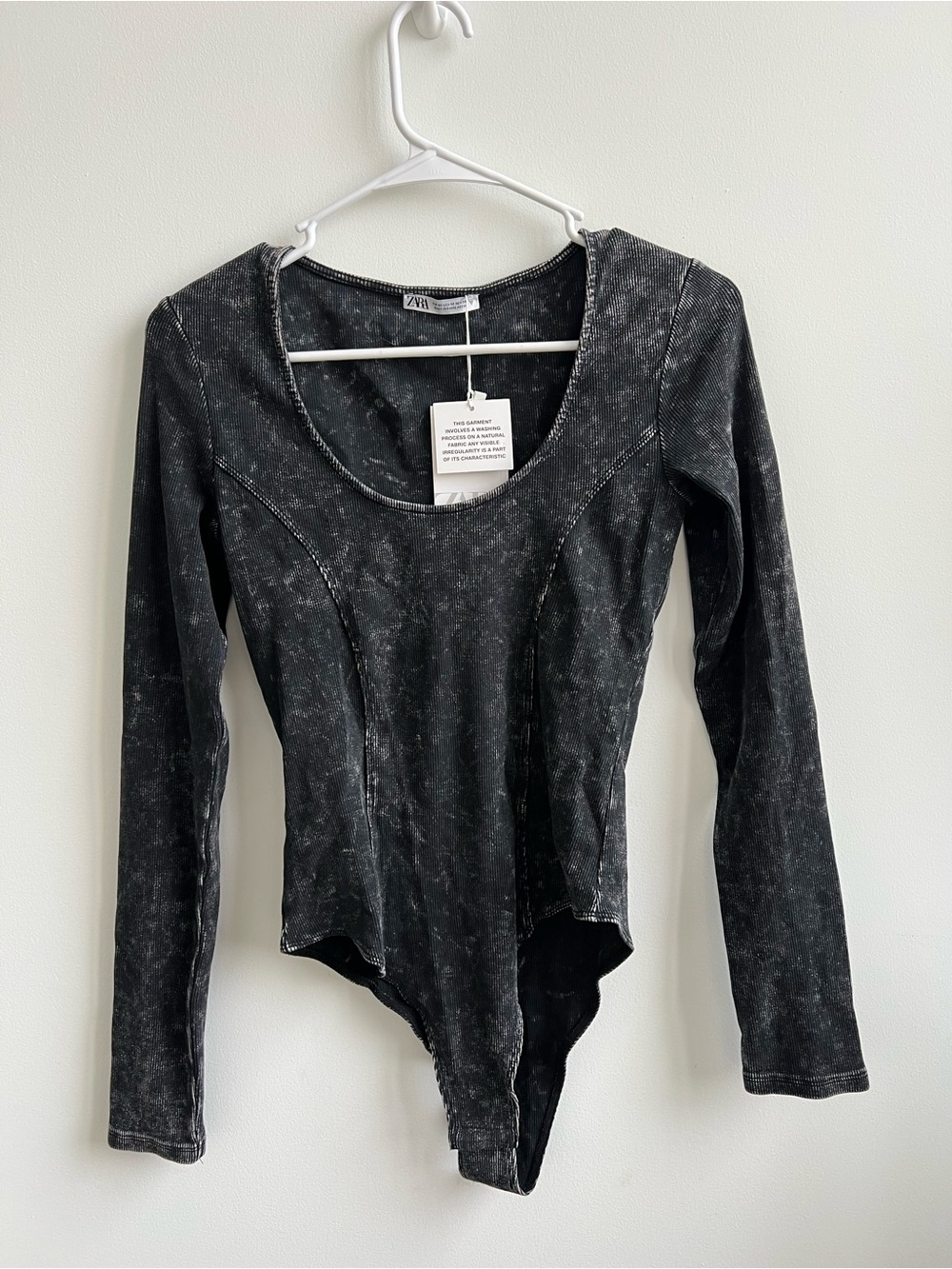 Zara Black Mineral-Wash Long Sleeve Scoop Neck Bodysuit